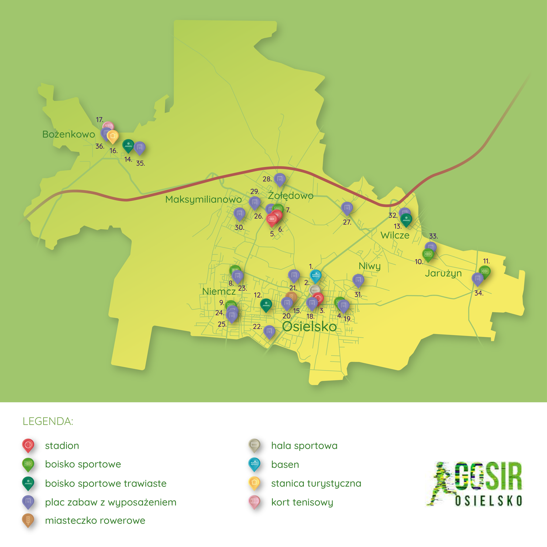 Poglądowy plan obiektów GOSIR na terenie gminy Osielsko